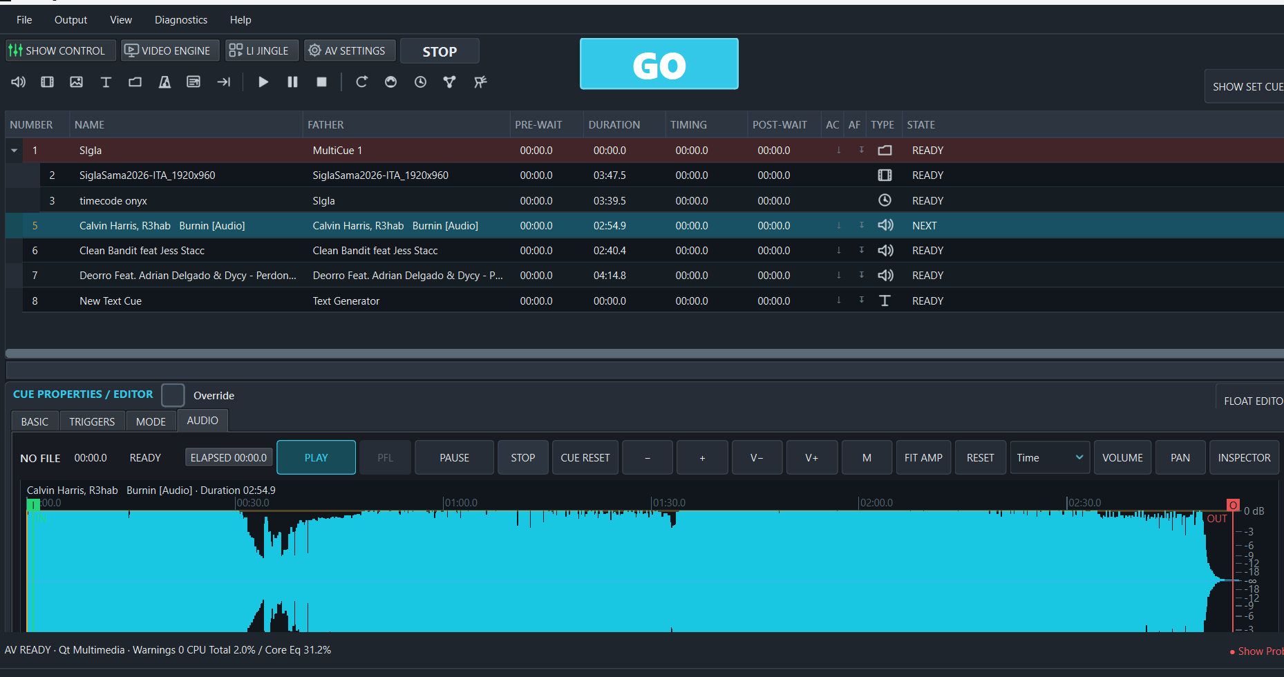 Schermata reale di LI AV Engine con cue audio